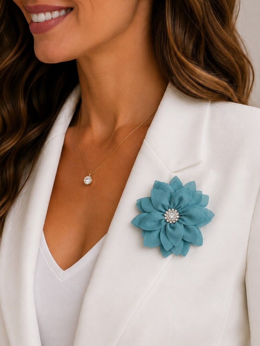 💎 Handmade Teal Blue Flower Brooch Rhinestone Fabric Floral Statement Pin
